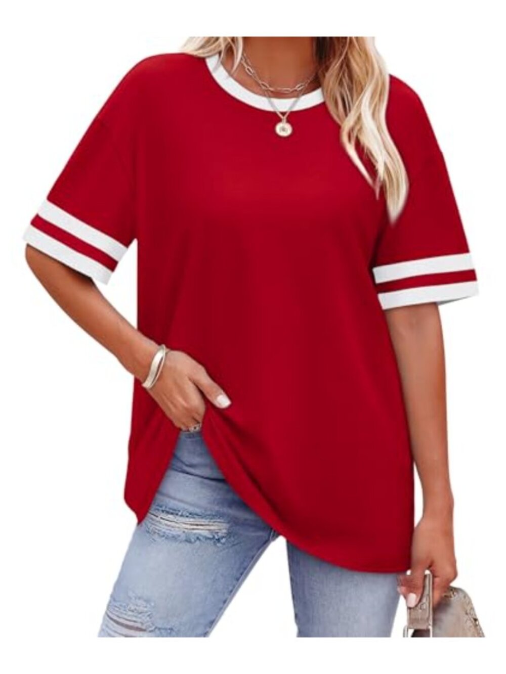Womens Loose Fit Short Sleeve Color Block Crew Neck Summer T-Shirt Tunic Top